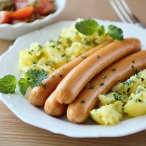 frankfurter sausages on a dish with potato salad
